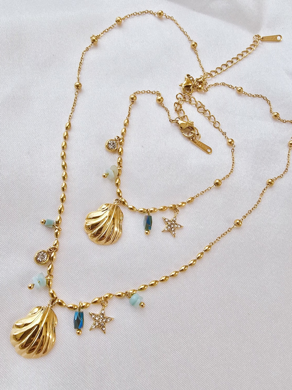 Gold Shell & Star Bracelet & Necklace Set with Aqua Accents - NEW Women Jewelry